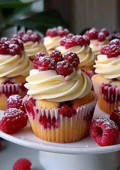 Almond wedding cake cupcakes with raspberry filling on a decorative platter