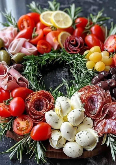 Antipasto wreath charcuterie board with assorted meats, cheeses, and vegetables