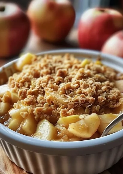 Delicious homemade Apple Cinnamon Crisp topped with oats and cinnamon.