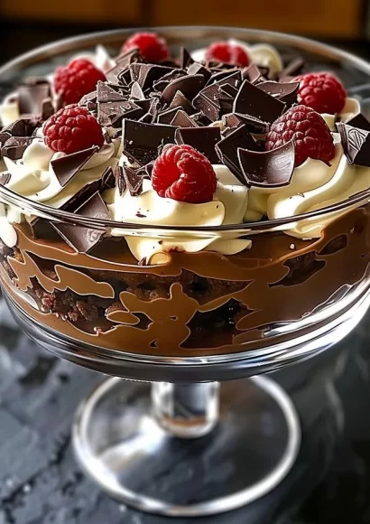 Delicious Baileys Chocolate Cheesecake Trifle in a glass dish