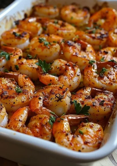 Plate of flavorful Baked Cajun Shrimp garnished with herbs.