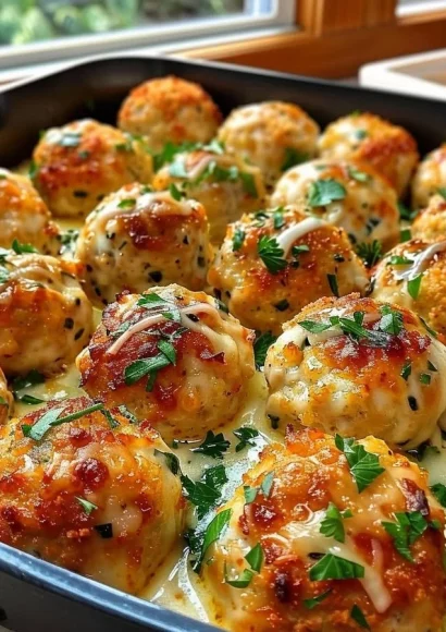 Baked chicken ricotta meatballs on a plate, garnished with herbs.