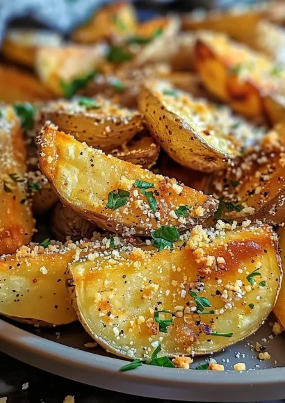 Baked garlic parmesan potato wedges served on a plate