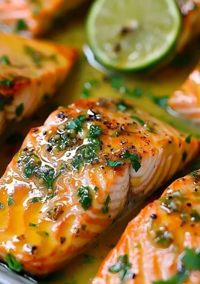 Baked honey lime garlic butter salmon on a plate with herbs and lime slices
