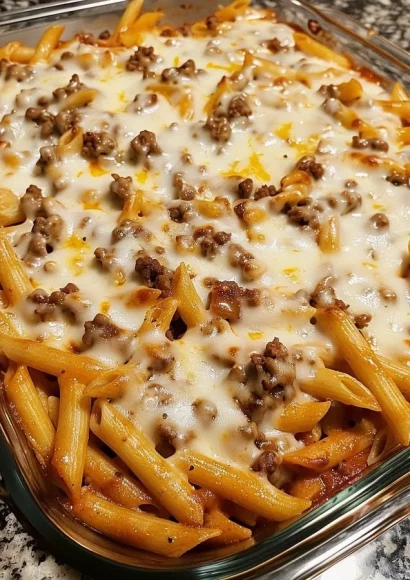 Delicious Baked Penne with Beef and Cheese served in a baking dish
