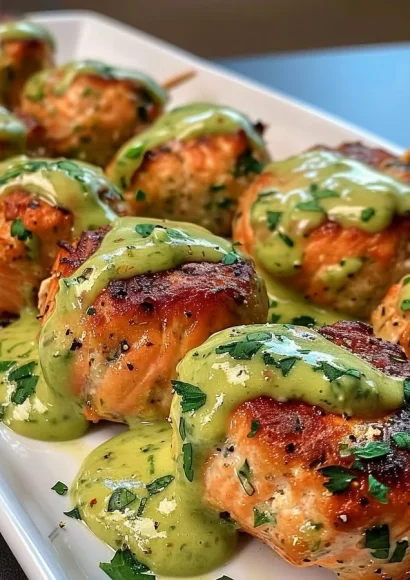 Baked salmon meatballs served with creamy avocado sauce on a plate.