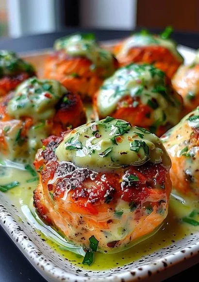 Baked salmon meatballs with creamy avocado sauce on a plate