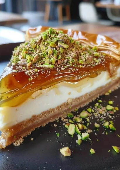 A mouthwatering Baklava Cheesecake topped with nuts and honey drizzle.