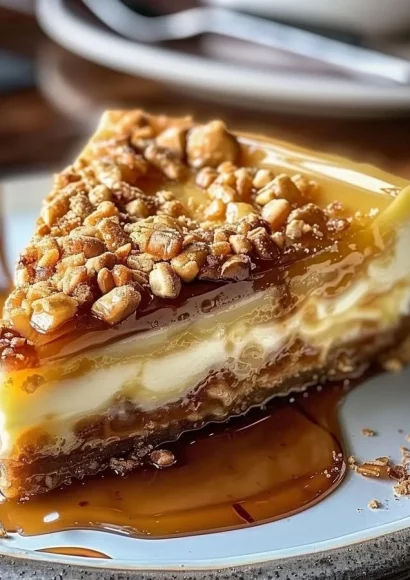 Delicious Baklava Cheesecake topped with nuts and syrup on a white plate