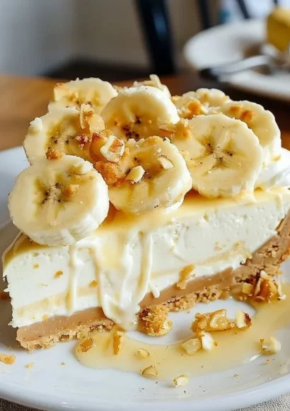 Slice of Banana Cream Cheesecake topped with whipped cream and banana slices.