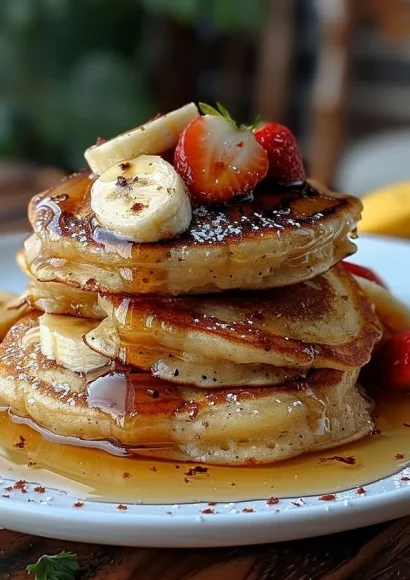 Fluffy banana pancakes stacked and topped with fresh fruit and syrup