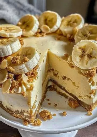 Delicious Banana Pudding Cheesecake topped with crunchy layers