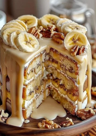 Delicious Banana Walnut Dream Cake topped with walnuts and banana slices