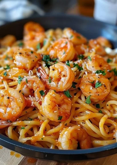 Delicious Bang Bang Shrimp Pasta served in a bowl with garnishes.