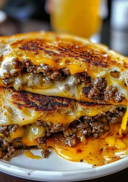 Delicious Beef Grilled Cheese Sandwich with melted cheese and grilled beef