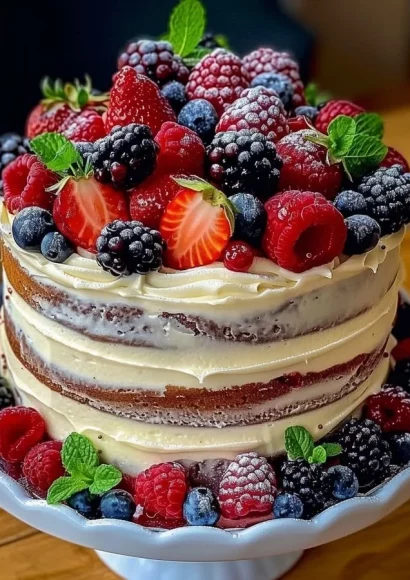 Beautiful berry-topped vanilla layer cake with layers of fluffy cake and fresh fruits.