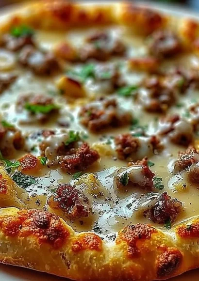 Biscuits and sausage gravy breakfast pizza topped with cheese and herbs