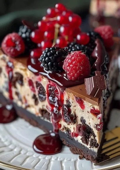 Slice of chocolate Black Forest Cheesecake topped with cherries and whipped cream