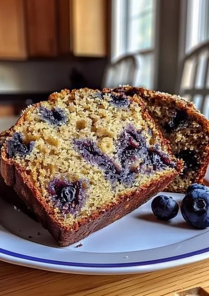 Freshly baked Blueberry Banana Bread with chunks of fruit