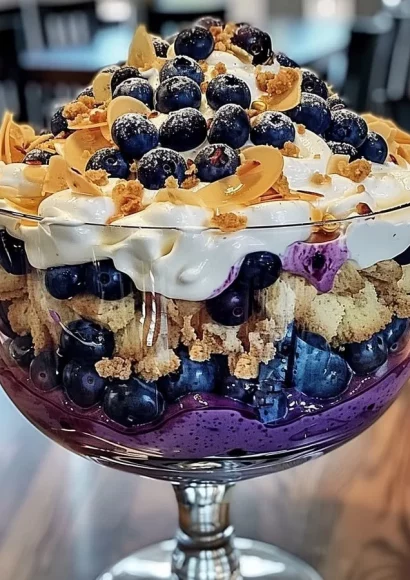 Blueberry cheesecake trifle with layers of cheesecake, blueberries, and whipped cream