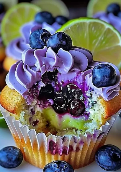 Blueberry lime cheesecake cupcakes topped with fresh blueberries.