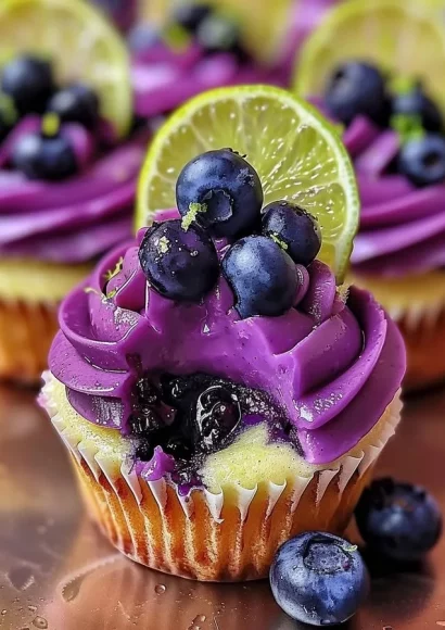Blueberry lime cheesecake cupcakes topped with fresh blueberries and lime zest.