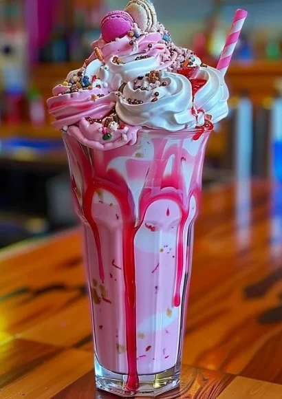 Bubblegum Bliss Mega Shake topped with whipped cream and colorful sprinkles.