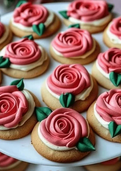 Butter cookies topped with vibrant buttercream roses, ideal for special occasions.