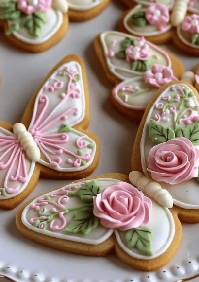 Butterfly sugar cookies decorated with fondant roses for a beautiful dessert