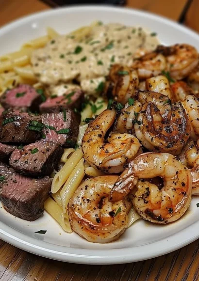 Delicious Cajun shrimp and steak alfredo pasta served in a creamy sauce