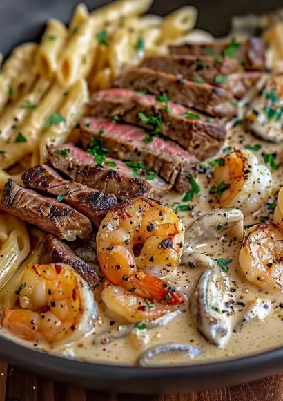 Cajun Shrimp and Steak Alfredo Pasta served with a creamy sauce and fresh herbs