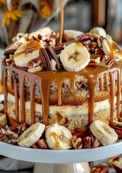 Delicious caramel cake with banana and walnuts topped with caramel drizzle