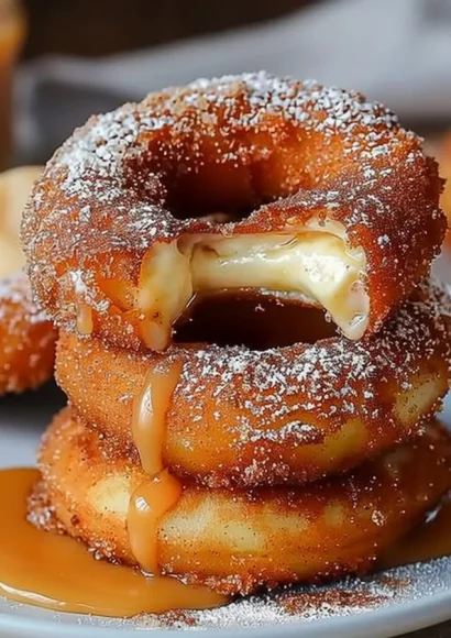 Caramel cheesecake-stuffed churro rings ready to be enjoyed.