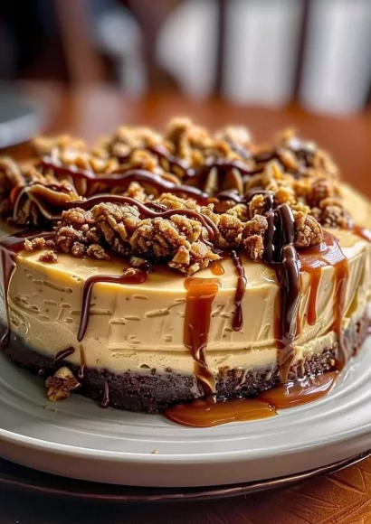 Delicious Caramel Toffee Crunch Cheesecake topped with toffee bits