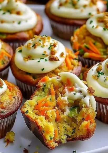 Carrot Apple Zucchini Muffins with Cream Cheese Frosting on a plate