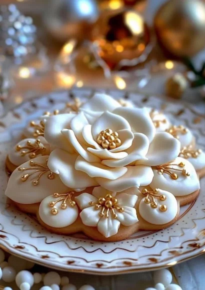 Holly Cookies decorated with chamomile flowers for the holidays