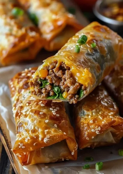 Plate of cheeseburger egg rolls served with dipping sauce