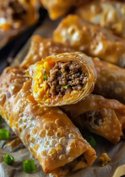 Delicious cheeseburger egg rolls filled with beef, cheese, and seasoning.