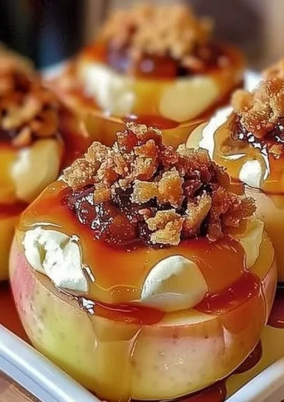 Delicious cheesecake stuffed baked apples topped with caramel sauce.