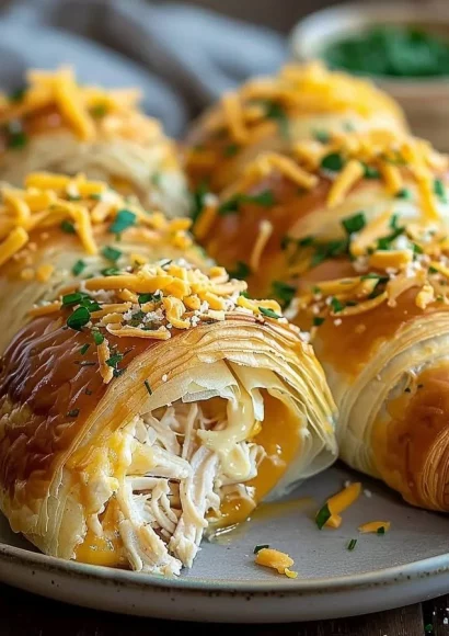 Cheesy chicken stuffed croissants ready to be served