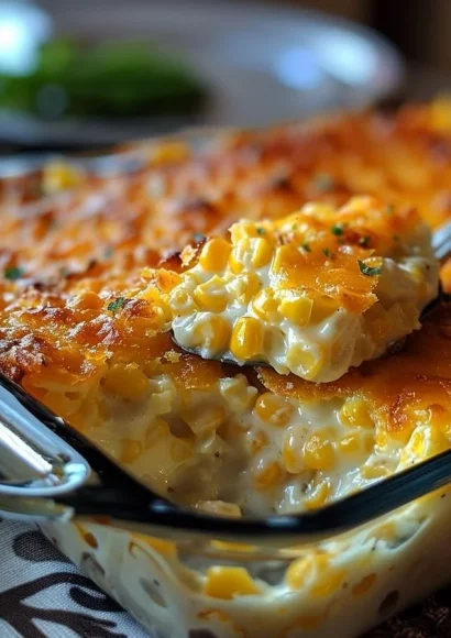 Cheesy Cream Cheese Corn Casserole in a baking dish