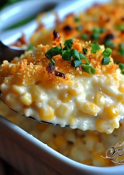 Delicious Cheesy Cream Cheese Corn Casserole served in a baking dish