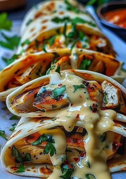 Delicious cheesy garlic chicken wraps ready to be served.