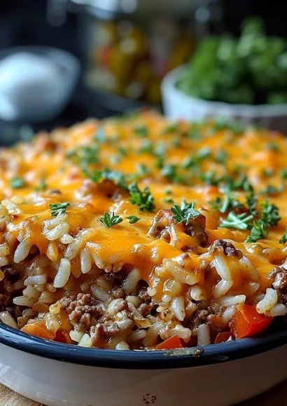 Cheesy ground beef and rice casserole topped with melted cheese
