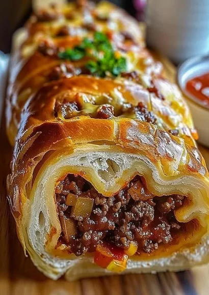 Cheesy ground beef stuffed bread roll, golden and deliciously baked.