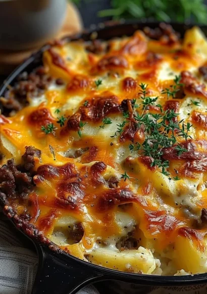Delicious cheesy hamburger potato casserole on a plate