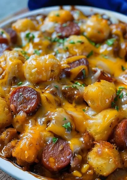 Delicious cheesy hot dog tater tot casserole served in a dish