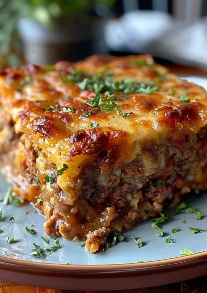 Cheesy Loaded Meatloaf Casserole served in a dish with fresh herbs on top