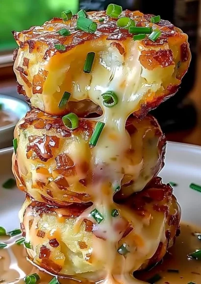Cheesy mashed potato puffs served on a plate, golden and crispy.