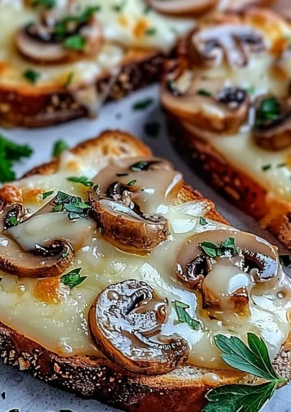 Cheesy mushroom and garlic toasts topped with fresh herbs